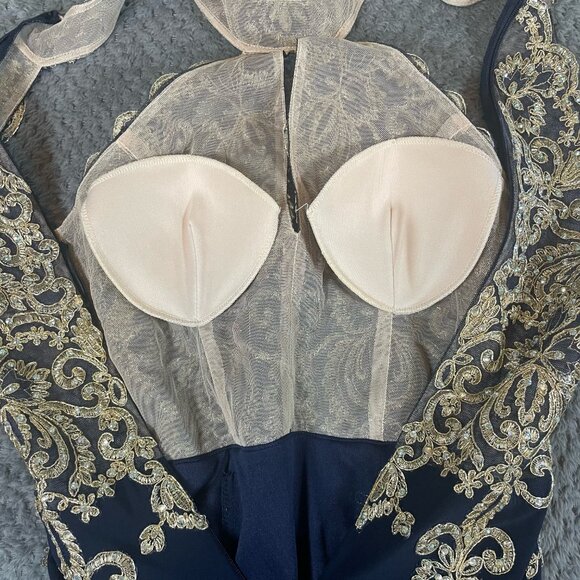 Xscape Crystal Embroidered Halter Velvet Gown in Blue/Gold Size 6 Prom Formal - Picture 7 of 15